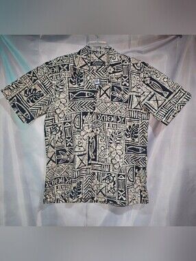 Vintage Favant Hawaiian Shirt Men's Large Black Beige Tapa Tribal Turtle Aloha